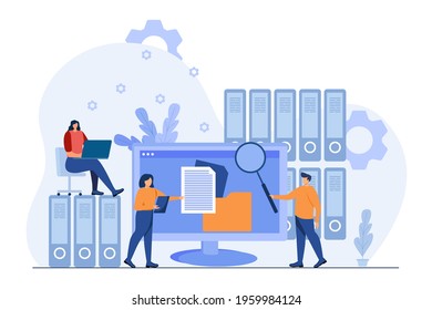 People taking documents from shelves, using magnifying glass and searching files in electronic database. Vector illustration for archive, information storage concept.