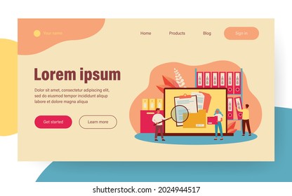 People taking documents from shelves, using magnifying glass and searching files in electronic database. Vector illustration for archive, information storage concept