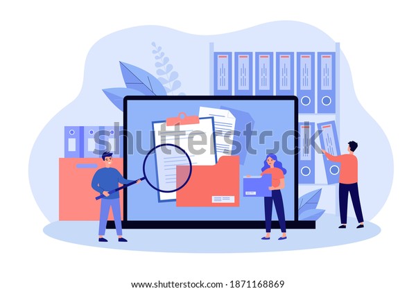 People taking documents from\
shelves, using magnifying glass and searching files in electronic\
database. Vector illustration for archive, information storage\
concept