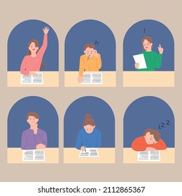 La gente está haciendo exámenes en sus respectivas secciones. ilustración vectorial de estilo de diseño plano.