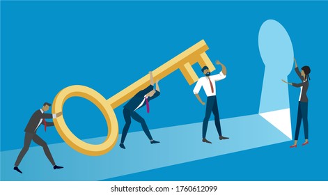 People taking golden key to the keyhole. Vector illustration.
