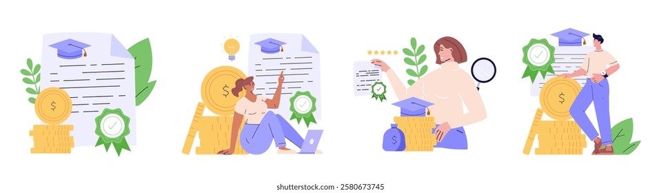 People taking grant money. Form of financial aid. Student pay education loan. Collection of grant certificate, university and college fee, study fund, scholarship money. Vector illustration set