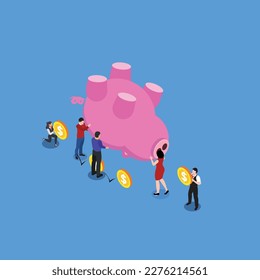 People taking money out from big piggy bank 3d isometric vector illustration concept for banner, website, landing page, ads, flyer template