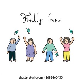 People taking off mask and throwing away after the corona virus, hand drawn colored cartoon illustration. Letters finally free tittle with happy humans.