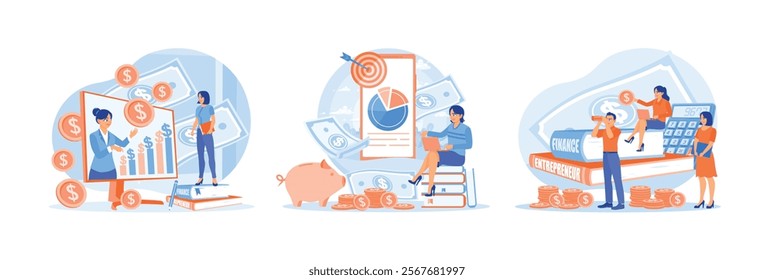 People are taking online education. Learn how to manage finances. Studying the business of the future. Financial literacy concept. Set flat vector illustration.