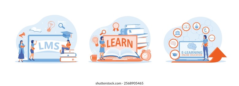 People taking online educational training on laptops. LMS Learning Management System software application. Young woman taking a distance course. E-learning concept. Set flat vector illustration.