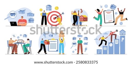 People taking out real estate loan. Cartoon couples and families in mortgage credit, happy men and women who paid debt to bank. vector set