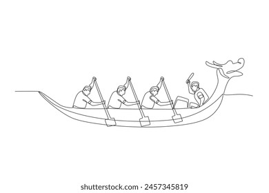 People taking part in the dragon boat festival. Dragon boat festival concept one-line drawing