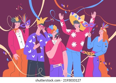 People taking part in festival, carnival or party event, flat vector illustration. Friends celebrating festive event, birthday party, Purim or Mardi Gras holiday.