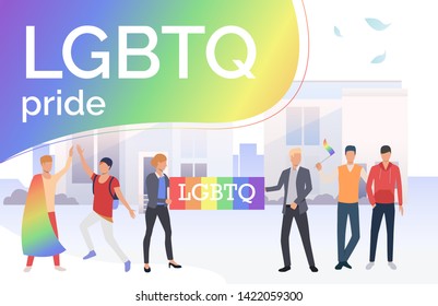People taking part in LGBTQ pride parade in city. Diversity, discrimination, freedom concept. Vector illustration can be used for topics like tolerance, homophobia, social rights