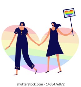 People taking part in the parade. Women in a street demonstration for LGBT rights. Lesbians, bisexuals, transgender people. Colorful vector illustration in flat style. With heart and flag.