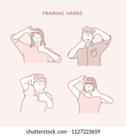 People are taking photo frame gestures with their fingers. hand drawn style vector design illustrations.