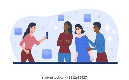 People taking photo. Group of girlfriends smile as girls try to remember moment. Party, collection, photo report. Modern technologies, comfort and convenience. Cartoon flat vector illustration