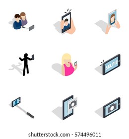 People taking photo icons set. Isometric 3d illustration of 9 people taking photo vector icons for web