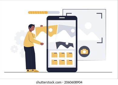 Menschen, die ein Foto auf dem Handy machen. Er wählte ein Bild aus der Galerie aus, das er benutzen sollte. Modernes Flachdesign. Vektorgrafik