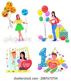 People taking photos with inflatable balloons vector, isolated set of characters flat style. Woman with balloons. Boy celebrating birthday ad couple with love sign photozone accessories