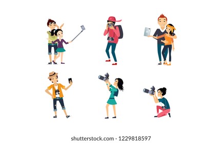 People taking photos set, professional photographer with camera, creative people doing selfie vector Illustration on a white background