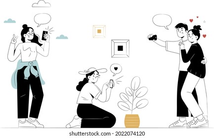 People taking photos with smartphone. Friends use selfie-camera. Smile together. Posing crowd. Happy character man or woman. Vector illustration.