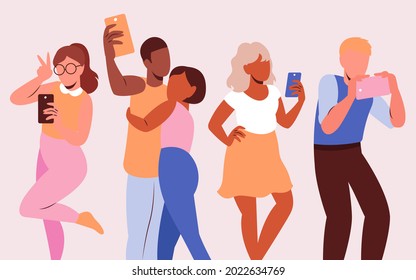 People taking photos with smartphone. Friends use selfie-camera. Smile together. Posing crowd. Happy character man or woman. Vector illustration.