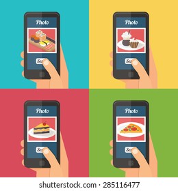 People Taking Picture Photo Of Food In Restaurant With Smartphone, Sharing In Social Network. Selfie Shot Flat Vector Illustration Set