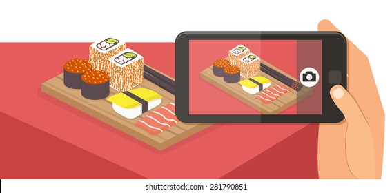 People taking picture photo of their food in restaurant with smartphone, selfie shot flat vector illustration banner