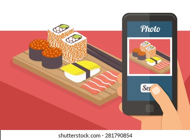 People taking picture photo of their food in restaurant with smartphone, selfie shot flat vector illustration