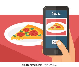 People taking picture photo of their food in restaurant with smartphone, selfie shot flat vector illustration