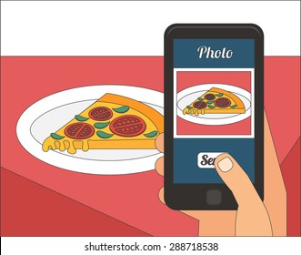 People taking picture photo of their food in restaurant with smartphone, selfie shot flat vector illustration
