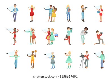 People Taking Picture With Selfie Stick Set Of Illustrations