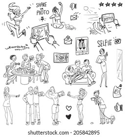 People taking pictures. Cartoon funny doodles.