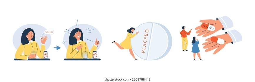 People taking placebo pill, abstract flat vector illustration isolated on white background. Medical treatment with no therapeutic value. Concepts of pharmacotherapy and placebo effect.