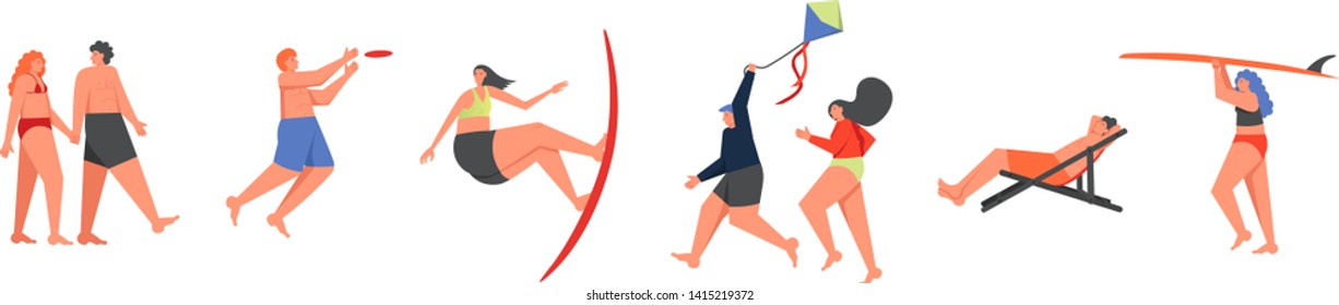 People taking rest on beach, vector flat style design illustration