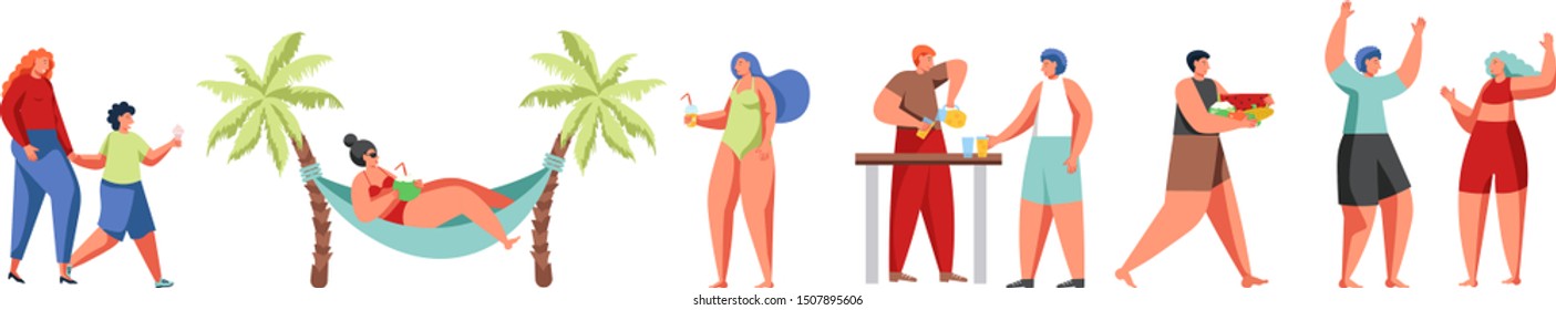 People taking rest on beach, vector flat isolated illustration. Happy characters sunbathing, eating ice cream, drinking cold lemonade and cocktail, dancing. Summer vacation, travel, summer time.