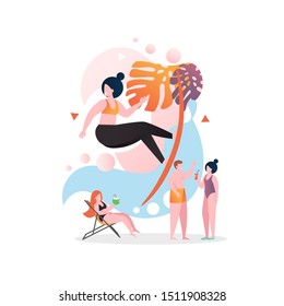 People taking rest on beach, sunbathing, drinking cold summer cocktails, surfing, vector illustration. Summer vacation, holiday, beach activities composition for web banner, website page, etc.