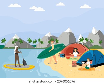 People taking rest with tents on beach, SUP surfing. Summer vacation, travel, camping, beach activities, vector.