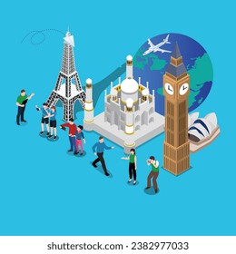 People taking selfie in front of landmarks isometric 3d vector illustration concept