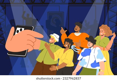 People taking selfie at party concept. Men and women with smartphone in their hands at disco. Social networks and post on Internet. Memories of event. Cartoon flat vector illustration