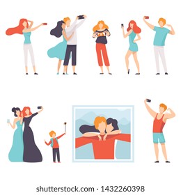 People Taking Selfie Photo on Smartphones Set, Young Women and Men Making Photo or Video for Social Media Using Modern Gadgets Vector Illustration