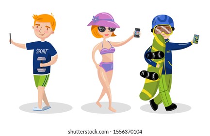 People Taking Selfie Photo on Smartphones Vector Set