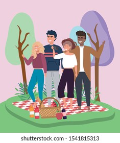 people taking selfie with smartphone field picnic vector illustration