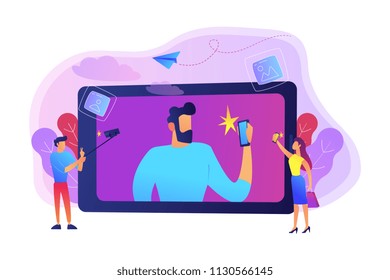 People taking selfie with smartphones and selfie-sticks as a concept of selfie culture, social network, blog, vlog, self-portrait, popularity. Violet palette. Vector illustration on background.