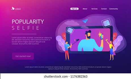 People taking selfie with smartphones and selfie-sticks as a concept of selfie culture, social network, blog, vlog, self-portrait, popularity. Violet palette. Website landing web page template.