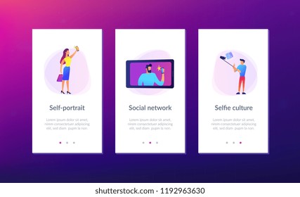 People taking selfie with smartphones and selfie-sticks as a concept of selfie culture, social network, blog, vlog, self-portrait, popularity. Violet palette. Mobile UI UX app interface template.