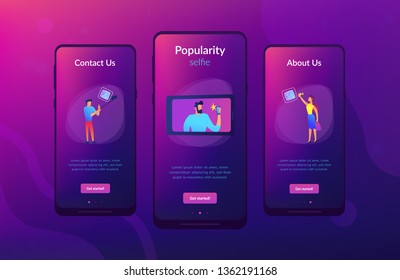 People taking selfie with smartphones and selfie-sticks as a concept of selfie culture, social network, blog, vlog, self-portrait, popularity. Violet palette. Mobile UI UX app interface template.