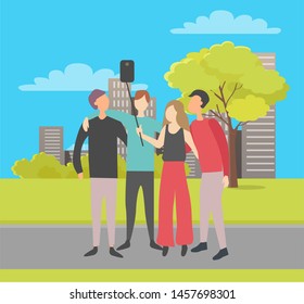 People taking selfie together vector, happy weekend with friend, man and woman friendship, friends standing on street with stick making photo on cityscape park background flat style