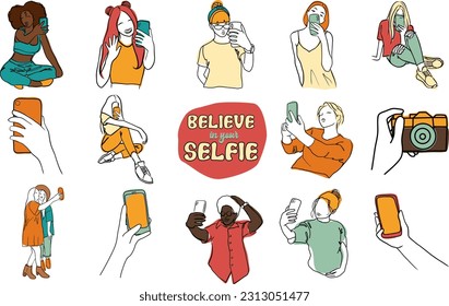 Personas que toman selfies, imágenes vectoriales fotográficas establecidas; cree en su selfie