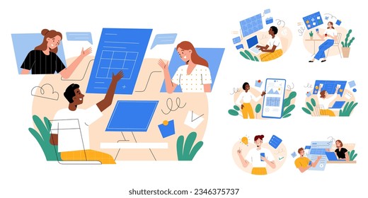 People taking, sharing notes, user experience concept, managing projects, coordinating assignments, using laptops, phone app, ui interface. Creating tables, kanban boards, checklists, modern workflow