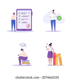 People taking university exam remotely and temporarily. Students writing test. Set of online exam, online survey, testing, e-learning. Vector illustration in flat design for UI, banner, mobile app