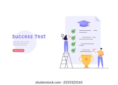 People taking university exam remotely. Student successfuly writing test. Concept of online exam, online survey, testing, e-learning. Vector illustration in flat design for UI, banner, mobile app