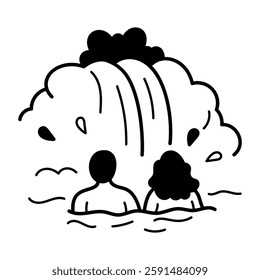 People taking waterfall bath icon in hand drawn style
